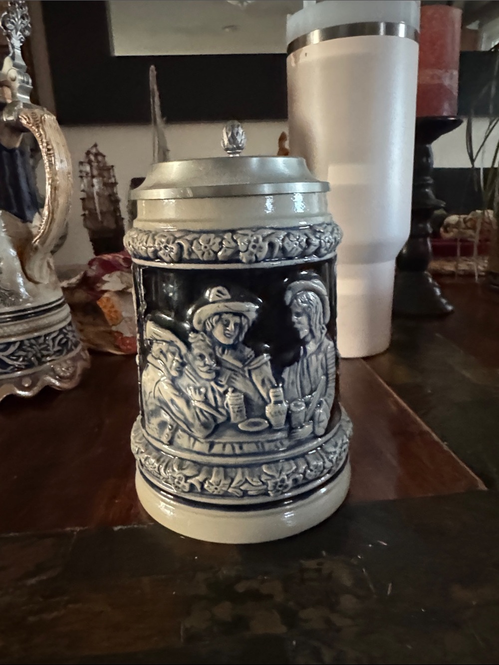 Ceramic Relief Beer Stein in Blue and White